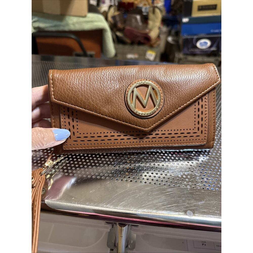 Mia K Collection Faux Pebble Leather Wristlet Cognac Tan Gold Logo Snap Flap